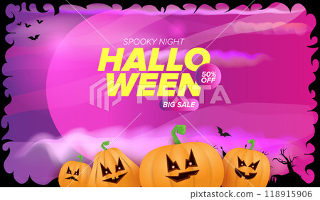 Halloween big sale banner with funky scary pumpkins, castle, graveyard on night spooky background. Halloween sale poster design template 118915906