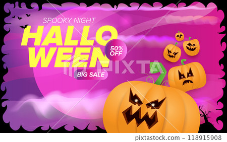 Halloween big sale banner with funky scary pumpkins, castle, graveyard on night spooky background. Halloween sale poster design template 118915908