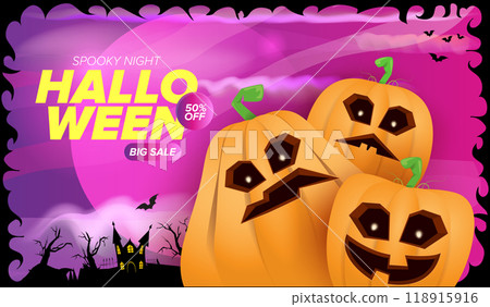 Halloween big sale banner with funky scary pumpkins, castle, graveyard on night spooky background. Halloween sale poster design template 118915916