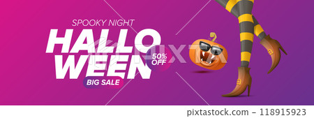 Halloween big sale banner with witch legs and funky pumpkin with sunglasses on night spooky background. Halloween sape poster design template 118915923