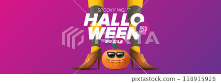 Halloween big sale banner with witch legs and funky pumpkin with sunglasses on night spooky background. Halloween sape poster design template Halloween big sale banner with witch legs and funky pumpkin with sunglasses on night spooky background. Halloween sape poster design template 118915928