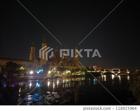 Saragossa city night view, Spain. Zaragoza cathedral. Saragossa city night view, Spain. Zaragoza cathedral. 118915964