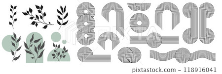 Zen arch set, simple line arch, botanical elements and geometric shapes. Geometric Japanese zen pattern minimal elements. Boho style strips. Zen arch set, simple line arch, botanical elements and geometric shapes. Geometric Japanese zen pattern minimal elements. Boho style strips. 118916041