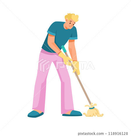 Man Character Mopping Floor Do Cleanup at Home Vector Illustration 118916128