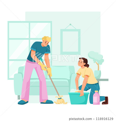 Man and Woman Character Mopping Floor Do Cleanup at Home Vector Illustration 118916129