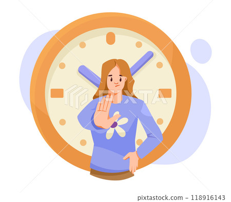 Woman Character Show Stop Sign with Clock Dial Behind Vector Illustration 118916143
