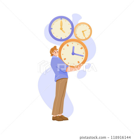 Man Character Carry Pile of Clock Dial Vector Illustration 118916144