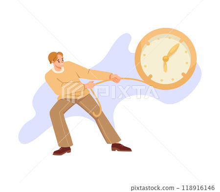 Man Character Pulling Clock Dial with Rope Vector Illustration 118916146