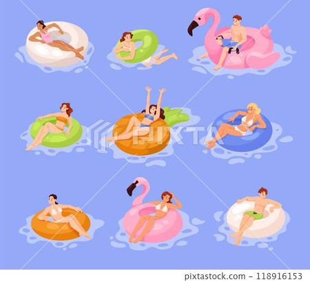 People Character on Inflatable Circle and Rubber Ring Float in Water Vector Set 118916153