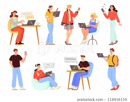 People Character Communicate Online Use Laptop and Smartphone Vector Set 118916159