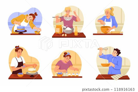 People Character Baking at Kitchen Making Pastry Vector Set 118916163