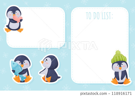 Note Card with Cute Penguin Character Vector Template Note Card with Cute Penguin Character Vector Template 118916171