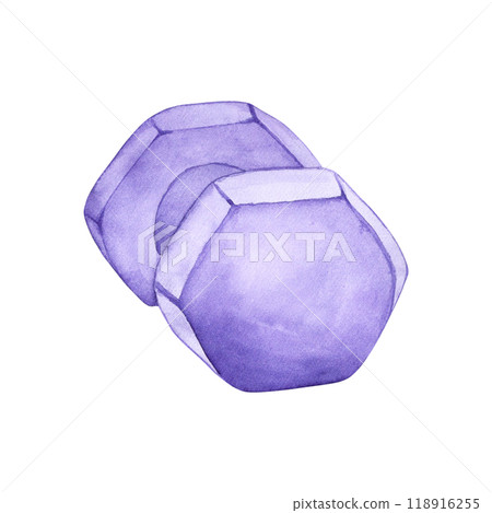 Watercolor illustration of a sports dumbbell. The drawing is made by hand. Sports equipment of purple color on a transparent background. Image for stickers, scrapbooking, posters, prints Watercolor illustration of a sports dumbbell. The drawing is made by hand. Sports equipment of purple color on a transparent background. Image for stickers, scrapbooking, posters, prints 118916255