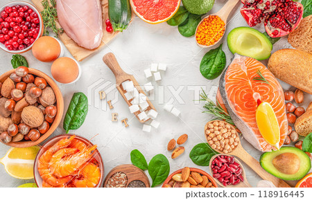 Food with foods high in vitamins, minerals, antioxidants, smart carbohydrates, Diabetic sugar free diet, top view 118916445