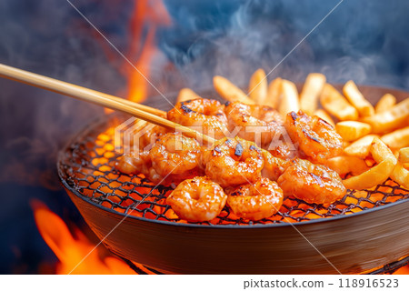 Grilled shrimp accompanied by crispy fries cooked over an open flame at a summer barbecue gathering Grilled shrimp accompanied by crispy fries cooked over an open flame at a summer barbecue gathering 118916523