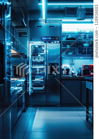 Cyber Week Banner Featuring High-End Smart Refrigerators and Coffee Machines with Neon Blue Lighting 118916883