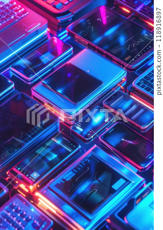 Cyber Week Electronics Banner showcasing Smartphones, Laptops, and Smartwatches in Neon Blue and Purple Lights 118916897