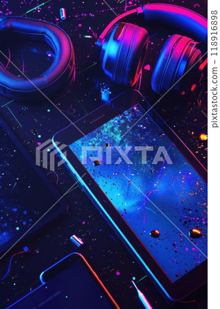 Cyber Week Sale Banner Featuring Top-Selling Electronics with Glowing Blue and Purple Accents Cyber Week Sale Banner Featuring Top-Selling Electronics with Glowing Blue and Purple Accents 118916898