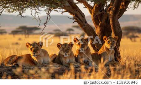 Regal Pride of Lions Resting Under Acacia Tree in Golden Light of African Savannah Regal Pride of Lions Resting Under Acacia Tree in Golden Light of African Savannah 118916946