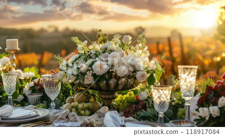 Luxurious Outdoor Wedding with Elegant Cornucopia Centerpiece and Fine Crystal Set at Sunset Luxurious Outdoor Wedding with Elegant Cornucopia Centerpiece and Fine Crystal Set at Sunset 118917084