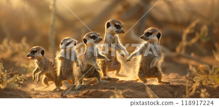 Playful Young Meerkats Interacting in a Sunny Sandy Desert Landscape 118917224