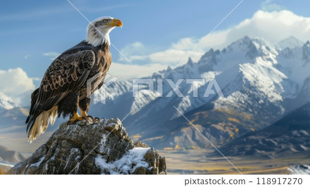 Majestic Bald Eagle Perched on Rocky Ledge Overlooking Snow-Capped Mountains and Clear Blue Sky 118917270