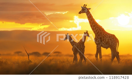 Serene Sunset with Mother Giraffe and Calf in African Savanna - Perfect for Nature Lovers 118917428