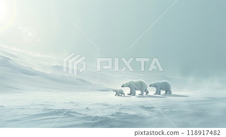 Serene Arctic Landscape Featuring a Mother Polar Bear and Cubs Walking Across Snow-Covered Terrain Serene Arctic Landscape Featuring a Mother Polar Bear and Cubs Walking Across Snow-Covered Terrain 118917482