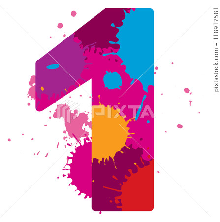 One with colorful splashes. Number font artistic design One with colorful splashes. Number font artistic design 118917581