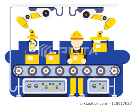 Packaging production on manufacture. Worker on industrial factory conveyor Packaging production on manufacture. Worker on industrial factory conveyor 118917627