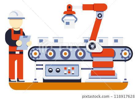 Production control concept. Factory engineer on conveyor belt Production control concept. Factory engineer on conveyor belt 118917628