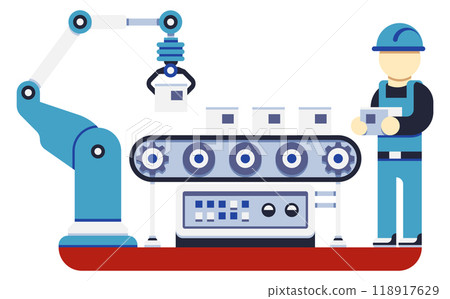 Operator and robotic arm working together on industrial production line Operator and robotic arm working together on industrial production line 118917629