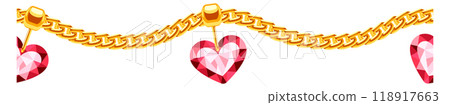 Heart pendant on golden chain. Horizontal seamless border Heart pendant on golden chain. Horizontal seamless border 118917663