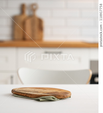 Wooden tabletop with board for product montage or mockup 118917758