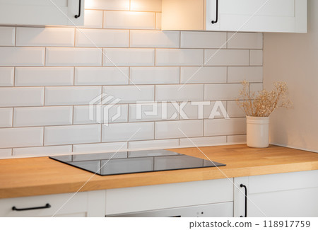 Empty wooden countertop with free space for product montage or mockup Empty wooden countertop with free space for product montage or mockup 118917759