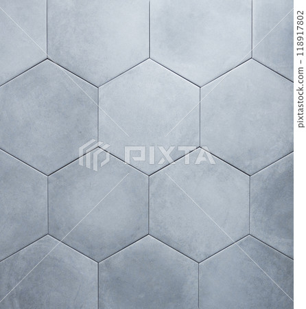 Background of gray hexagon shaped ceramic tiles. Trendy empty backdrop for displaying products Background of gray hexagon shaped ceramic tiles. Trendy empty backdrop for displaying products 118917802