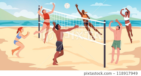 Beach volleyball. People playing sports game on seashore, mixed teams, guys and girls in swimsuits, ball through net, men and women on summer vacation, cartoon flat isolated tidy vector concept 118917949