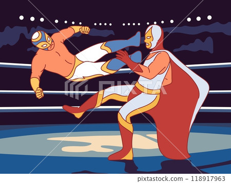 Mexican luchadores show. Wrestlers in combat match in ring, professional power fighters in costumes, cloaks and masks, professional competition cartoon flat style isolated vector concept 118917963