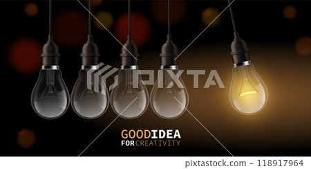 Perpetual motion with idea light bulbs. 3d lightbulb as symbol of creative process. Business brainstorming. Banner design. Realistic isolated electricity element. Vector innovation concept 118917964