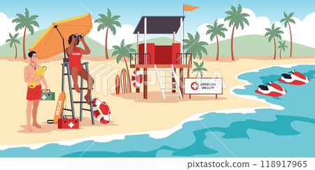 Rescuers keep an eye on floating people. Cartoon sea lifeguards work flat, rescue tower with beach umbrella, danger swimming on water, emergency characters on beach, tidy vector concept 118917965