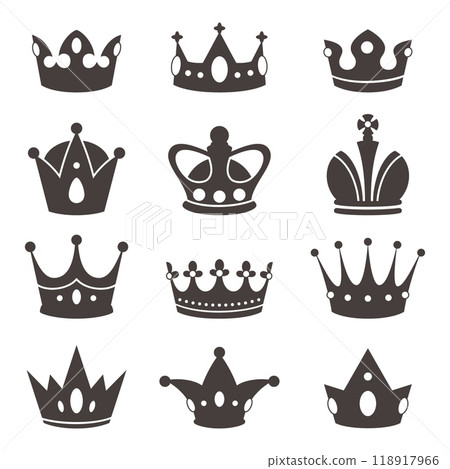 Royal crown silhouettes. Power symbol icons, king, queen and princess accessories, majestic corones, simple heraldic elements, monarch diadem, logotype design, vector black flat isolated set 118917966