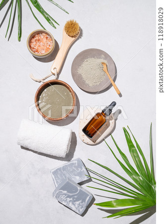 Organic cosmetic with blue clay, sea salt, soap, brush and palm leaf on a light background  118918029