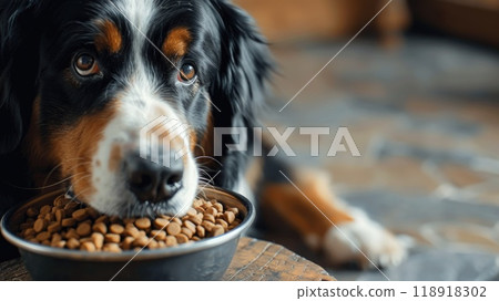 Patient Bernese Mountain Dog Waiting for Kibble with Longing Eyes 118918302