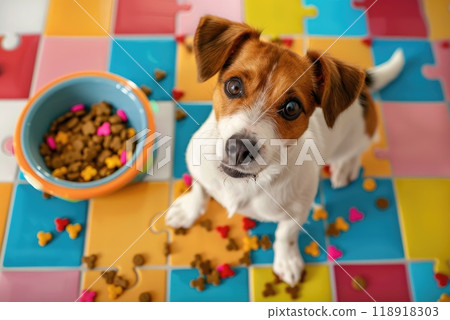 Energetic Jack Russell Terrier Excitedly Solving Colorful Puzzle Feeder Challenge 118918303