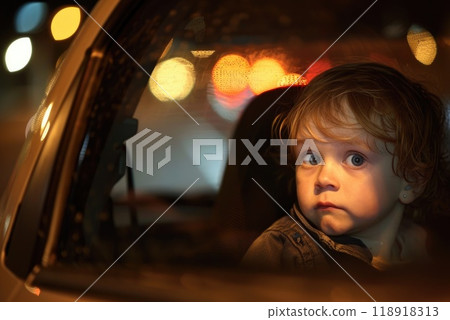 Curious Child Looking Out Car Window at Flashing Hazard Lights, Feeling Anxious and Uncertain 118918313