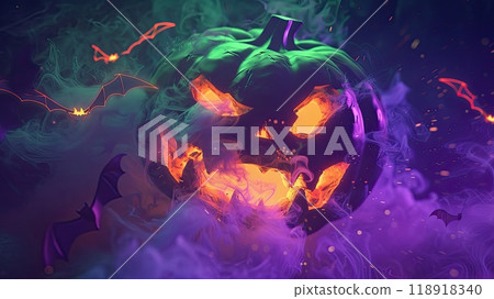 A giant, neon green jack-o'-lantern grin, formed from triangular teeth, floats against a backdrop of purple smoke. 118918340