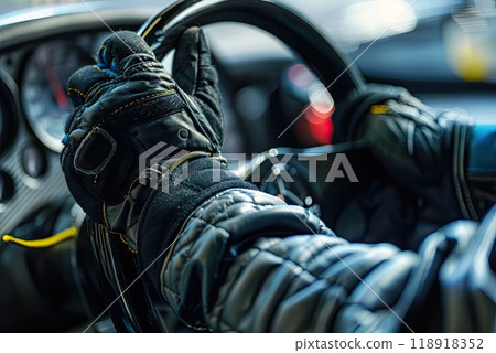 Abstract Close-up of Racing Driver's Gloved Hand on Geometric Steering Wheel, Precision in Motion Abstract Close-up of Racing Driver's Gloved Hand on Geometric Steering Wheel, Precision in Motion 118918352