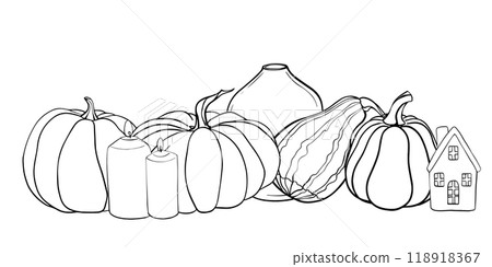 Linear sketch of a pumpkin composition. Autumn Vector illustration painted by black inks. Contour Linear drawing fall vegetables on isolated. Engraving for designs fall harvest and Thanksgiving day Linear sketch of a pumpkin composition. Autumn Vector illustration painted by black inks. Contour Linear drawing fall vegetables on isolated. Engraving for designs fall harvest and Thanksgiving day 118918367