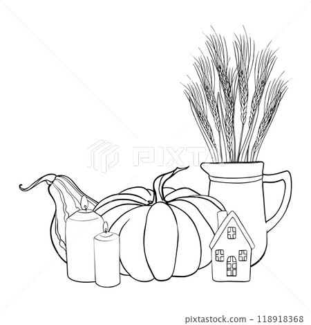 Linear sketch of a pumpkin composition and Wheat Ears in the Jug. Autumn illustration vegetables painted by black inks. Contour Linear drawing. Engraving for designs fall harvest and Thanksgiving day Linear sketch of a pumpkin composition and Wheat Ears in the Jug. Autumn illustration vegetables painted by black inks. Contour Linear drawing. Engraving for designs fall harvest and Thanksgiving day 118918368