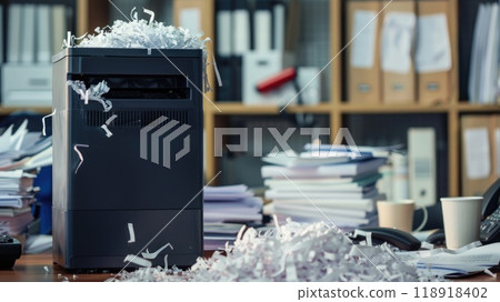 Document Shredder Symbolizing Confidentiality in a Busy Office Setting Document Shredder Symbolizing Confidentiality in a Busy Office Setting 118918402